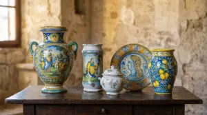 Gruppo di ceramiche antiche italiane decorate su un tavolo in legno