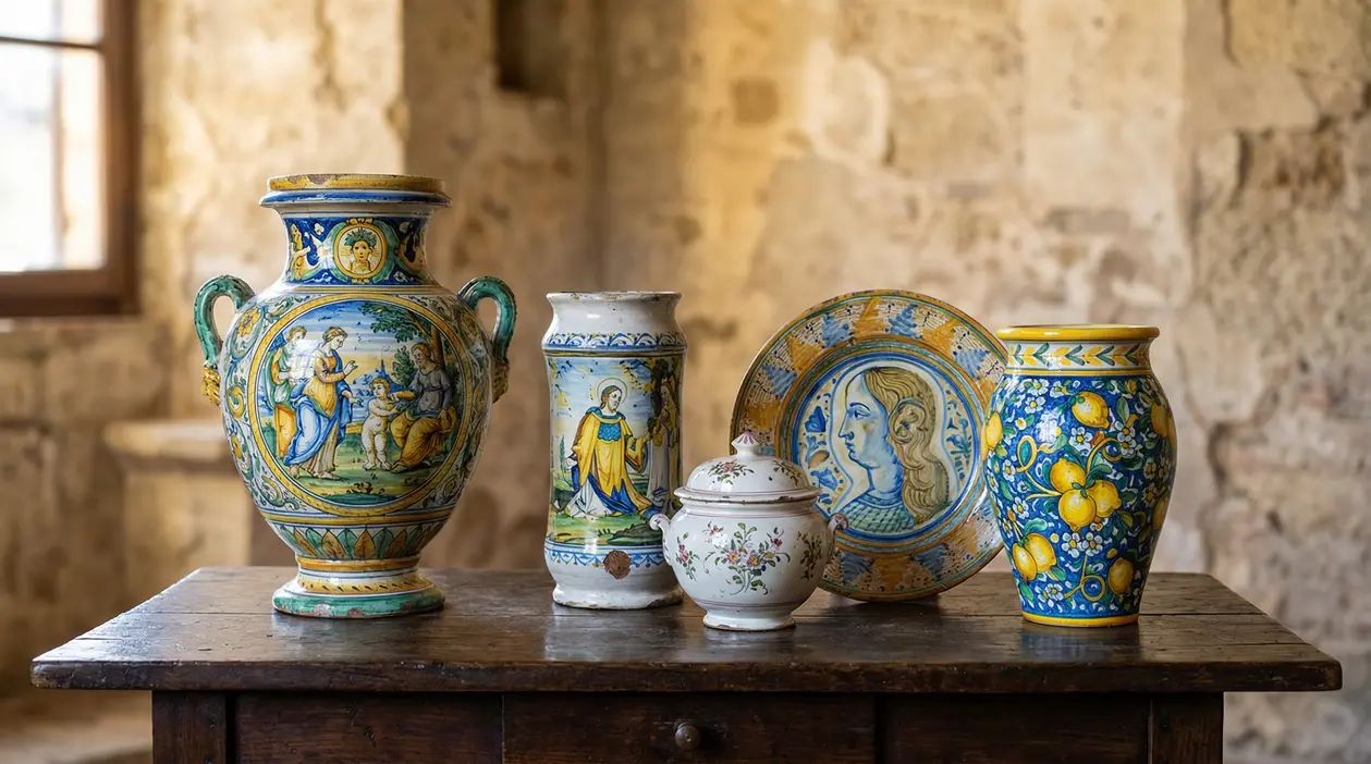 Gruppo di ceramiche antiche italiane decorate su un tavolo in legno