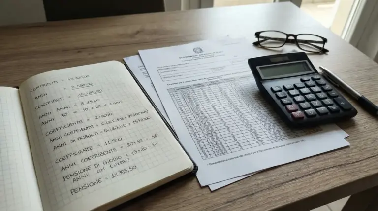 Calcolatrice, occhiali e fogli con calcoli pensionistici su una scrivania