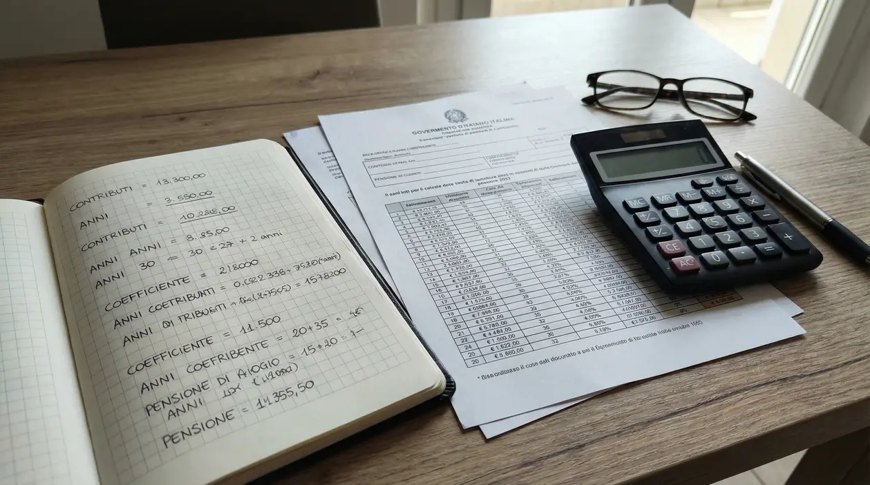 Calcolatrice, occhiali e fogli con calcoli pensionistici su una scrivania