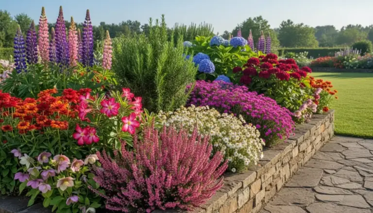 Aiuola fiorita con piante perenni colorate in un giardino ben curato sotto il sole mattutino