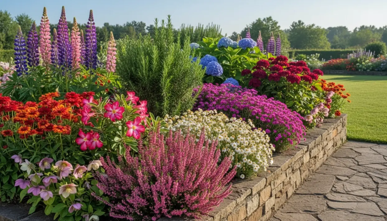 Aiuola fiorita con piante perenni colorate in un giardino ben curato sotto il sole mattutino