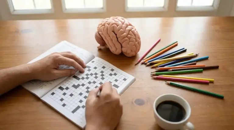 Persona che completa un cruciverba con matite colorate, cervello modellato e tazza di caffè sul tavolo