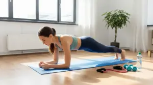 Persona che fa esercizio plank su un tappetino da yoga in casa