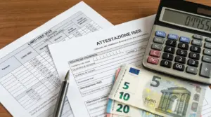 Documenti ISEE 2025 con calcolatrice e banconote in euro su scrivania