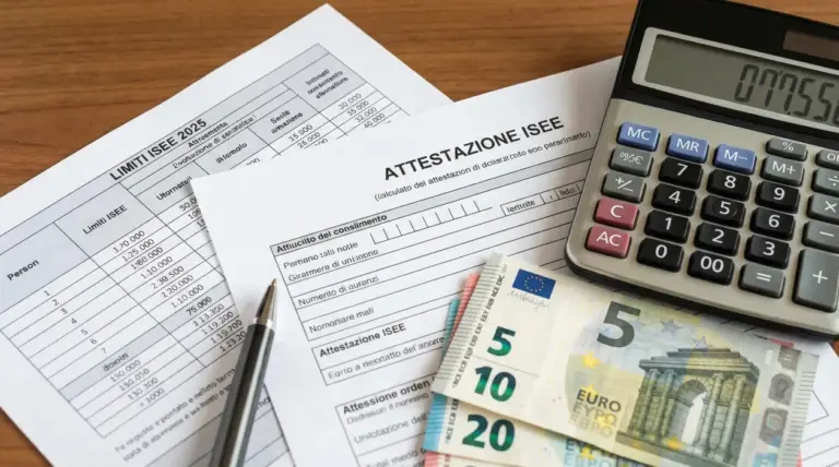 Documenti ISEE 2025 con calcolatrice e banconote in euro su scrivania