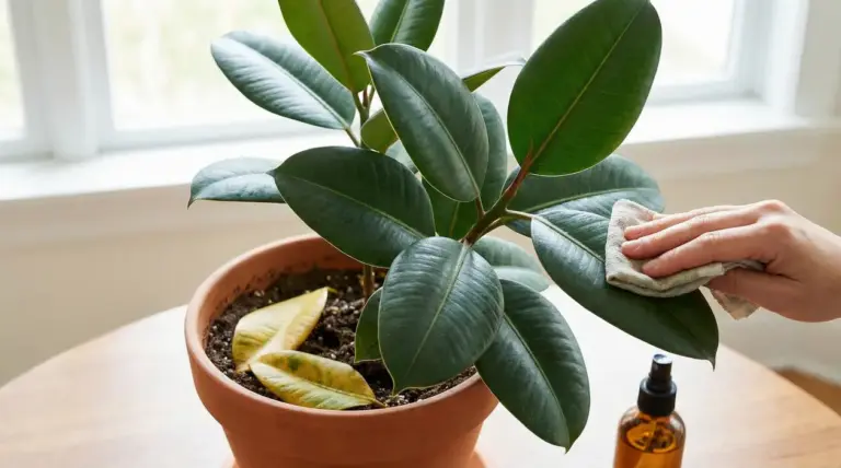 Mano che pulisce le foglie di un ficus in vaso con un panno vicino a una finestra