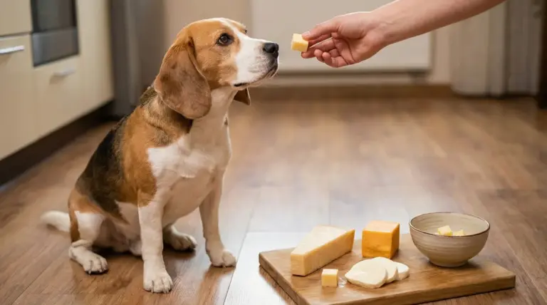 Cane seduto in cucina mentre una mano offre un cubetto di formaggio