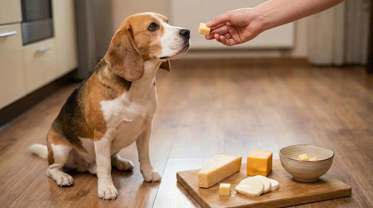 Cane seduto in cucina mentre una mano offre un cubetto di formaggio
