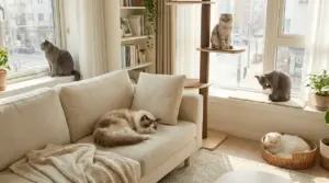 Cinque gatti rilassati in un salotto luminoso, ognuno in una diversa zona dell'appartamento