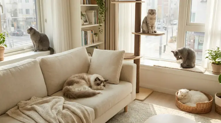 Cinque gatti rilassati in un salotto luminoso, ognuno in una diversa zona dell'appartamento