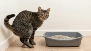 Gatto vicino alla lettiera fa pipì sul pavimento anziché all'interno