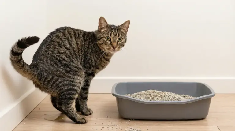 Gatto vicino alla lettiera fa pipì sul pavimento anziché all'interno