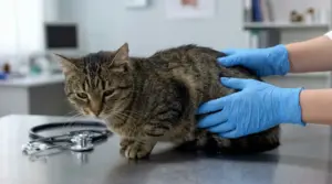 Gatto visitato da un veterinario con guanti blu su un tavolo in clinica