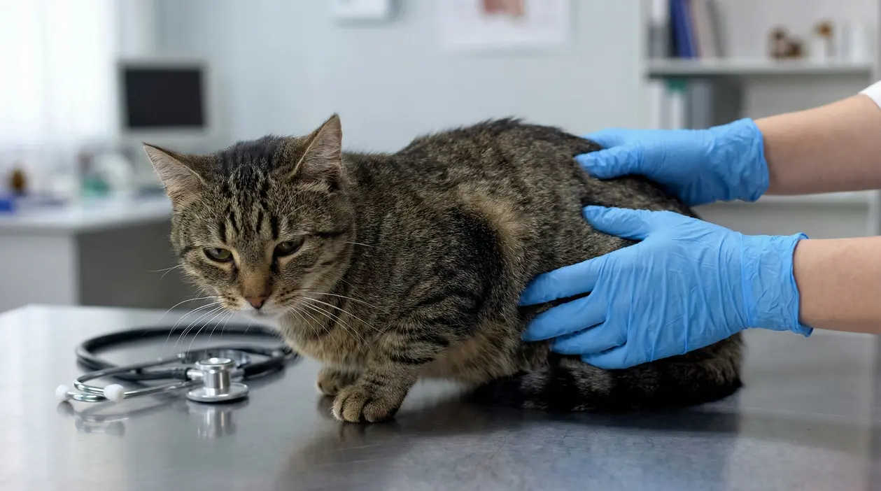 Gatto visitato da un veterinario con guanti blu su un tavolo in clinica