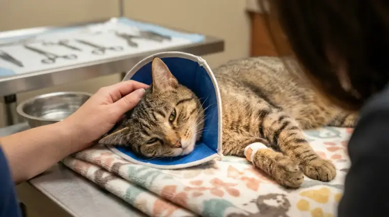 Gatto con collare elisabettiano sdraiato su un tavolo veterinario dopo la sterilizzazione