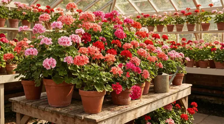 Vasi di gerani colorati disposti su tavoli in una serra soleggiata