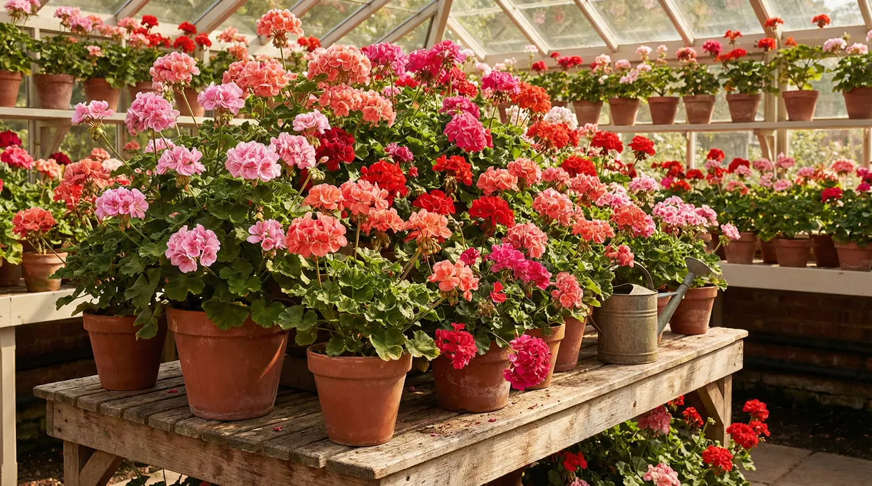 Vasi di gerani colorati disposti su tavoli in una serra soleggiata