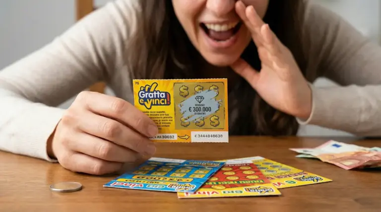 Persona che mostra un biglietto gratta e vinci vincente con espressione entusiasta