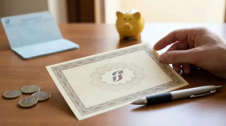 Mano che tiene un buono postale su scrivania con monete, penna e salvadanaio sullo sfondo