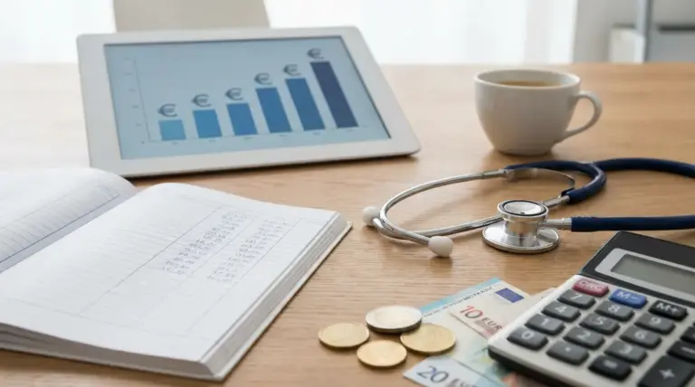 Scrivania con stetoscopio, calcolatrice, soldi, taccuino e tablet con grafico finanziario