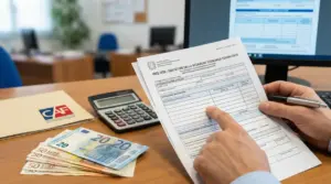 Una persona compila un modulo ISEE 2026 su una scrivania in un ufficio del CAF