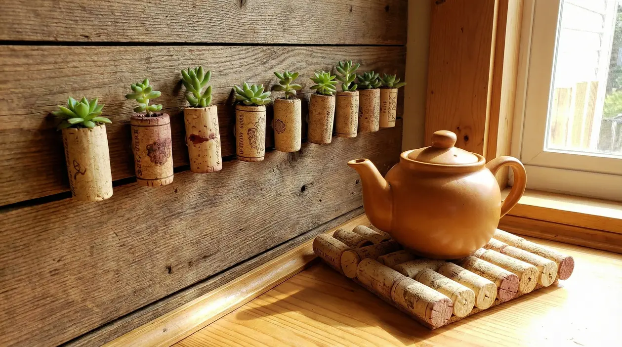 Tappi di sughero riutilizzati come vasi per piante grasse e base per una teiera su un tavolo in legno