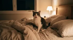 Gatto che miagola di notte seduto su un letto in una stanza con luce soffusa