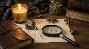 Simboli zodiacali su una carta con lente di ingrandimento e decorazioni astrologiche