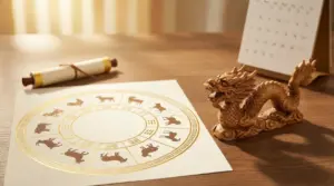 Simboli dei segni zodiacali cinesi con una statua di drago su un tavolo