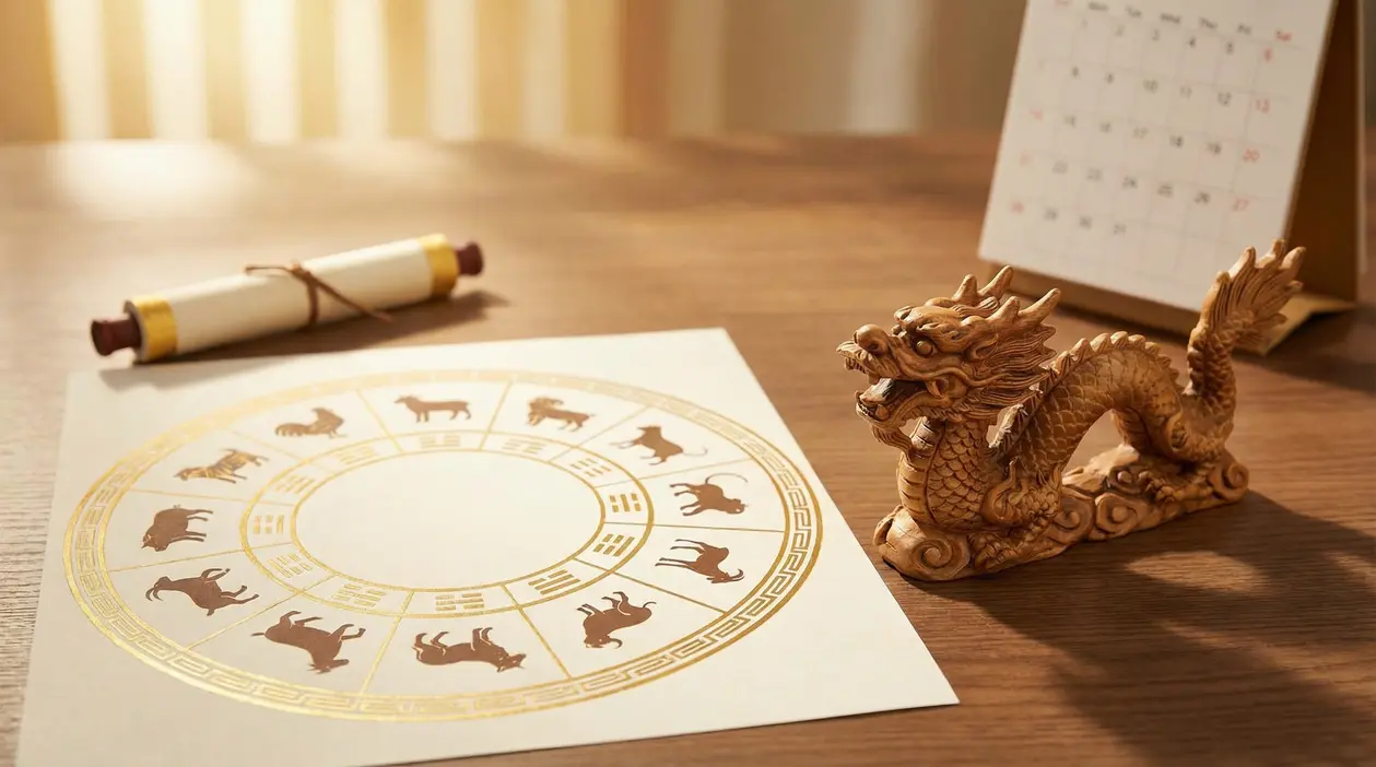 Simboli dei segni zodiacali cinesi con una statua di drago su un tavolo