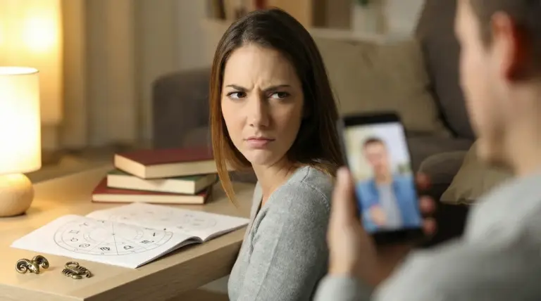 Donna guarda con sospetto un uomo che tiene in mano uno smartphone, accanto a un libro di astrologia