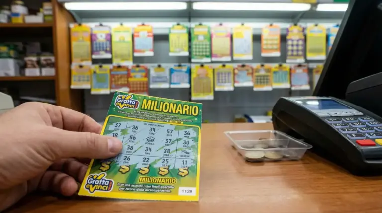 Mano che tiene un Gratta e Vinci su un bancone di tabaccheria con schedine sullo sfondo