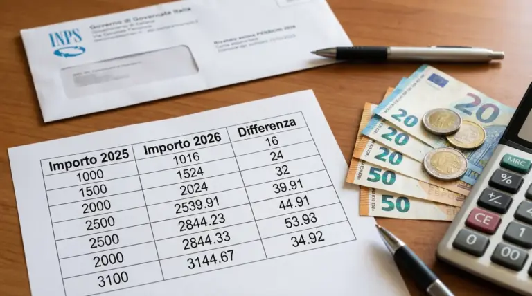 Tabella con importi pensionistici 2025-2026, buste INPS, euro e calcolatrice su scrivania