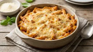 Pasta al forno gratinata in teglia di ceramica su tavolo rustico