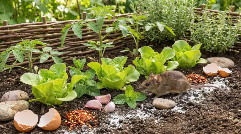 Un topo in un orto tra piante di insalata e spezie naturali come aglio, peperoncino e gusci d’uovo
