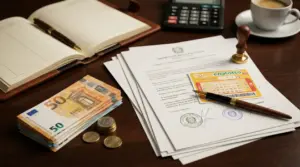 Documenti notarili, una schedina del Superenalotto e denaro su una scrivania
