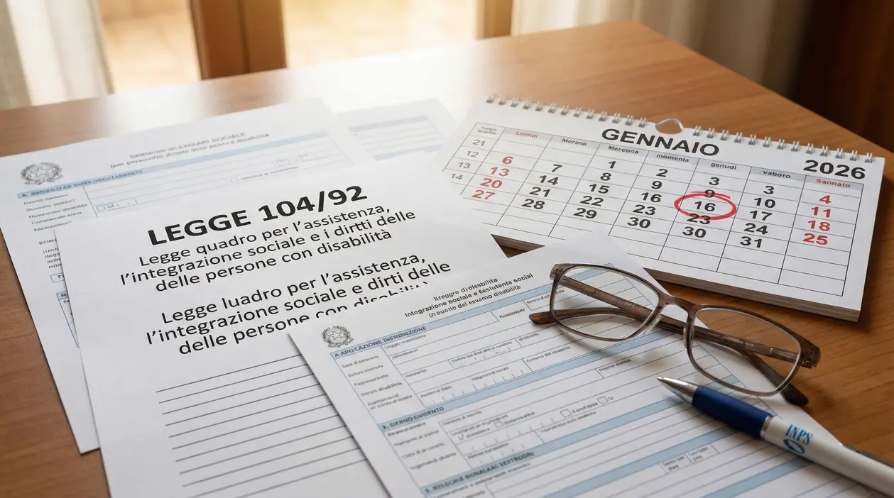 Documenti relativi alla Legge 104 e calendario con data segnata nel gennaio 2026 su una scrivania.