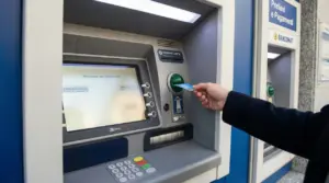 Una persona inserisce una carta in uno sportello bancomat per effettuare un prelievo