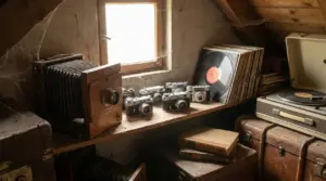 Vecchi oggetti vintage in soffitta tra cui fotocamere, dischi in vinile e un giradischi