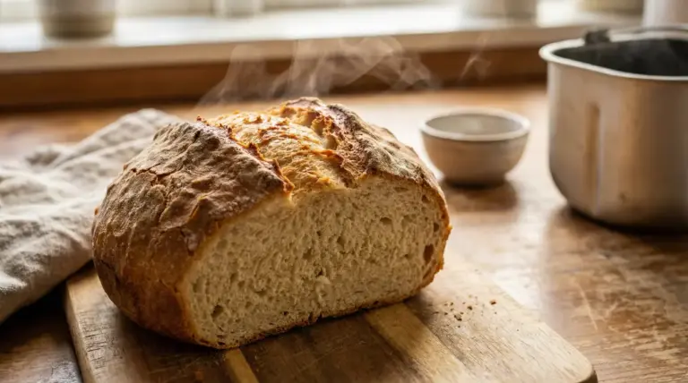 Pane fatto in casa con crosta croccante e interno soffice su un tagliere di legno