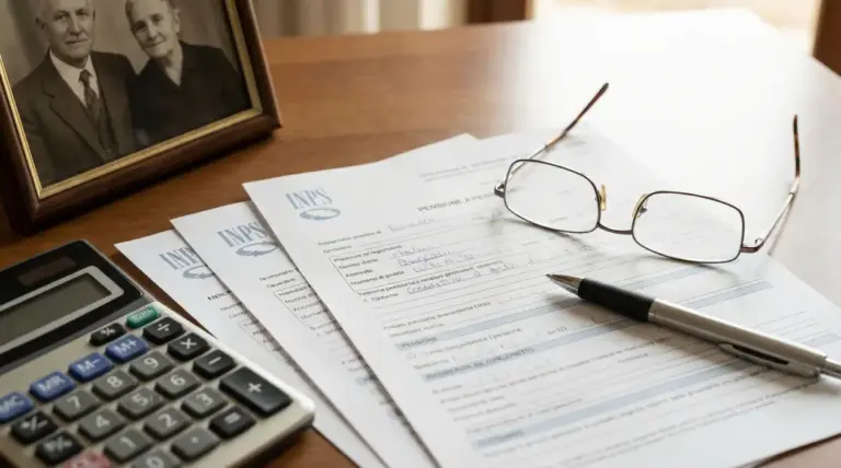 Documenti INPS su un tavolo con occhiali, penna e calcolatrice