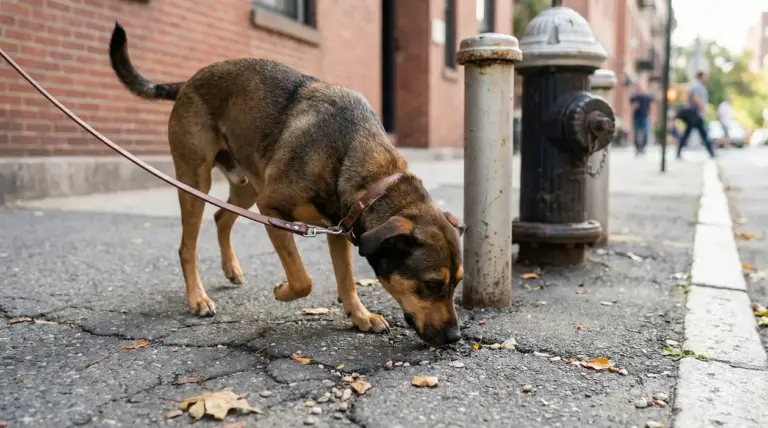 Cane al guinzaglio che annusa il marciapiede vicino a un idrante in città