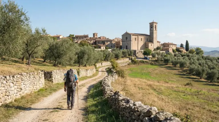 Persona che cammina lungo un sentiero di campagna verso un borgo antico sul Cammino di San Francesco
