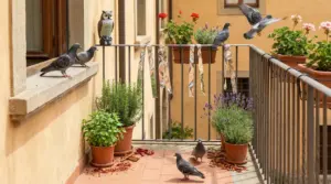 Piccioni su un balcone con piante aromatiche e deterrenti naturali