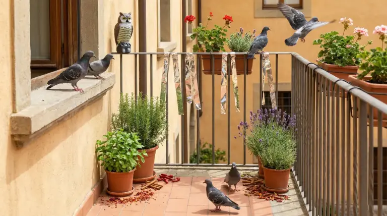 Piccioni su un balcone con piante aromatiche e deterrenti naturali