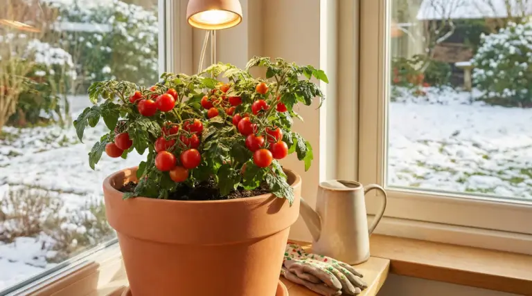 Pianta di pomodori in vaso matura, collocata su un davanzale interno durante l'inverno