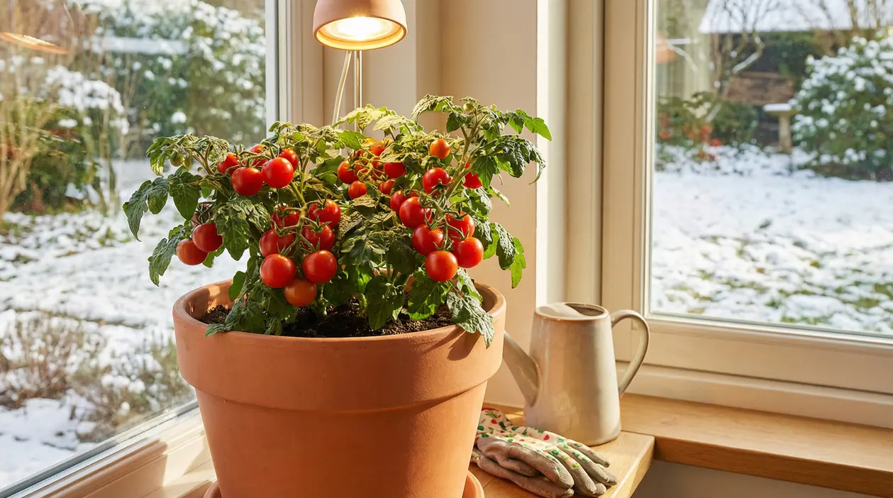Pianta di pomodori in vaso matura, collocata su un davanzale interno durante l'inverno
