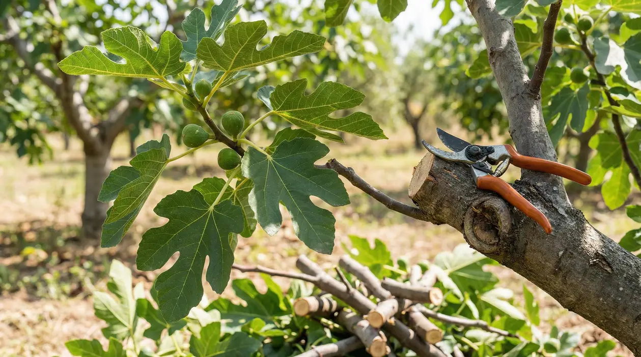 Ramo di fico appena potato con forbici da potatura appoggiate sul tronco