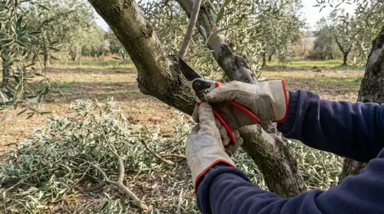 Mani con guanti che potano un ramo di ulivo con cesoie in un uliveto